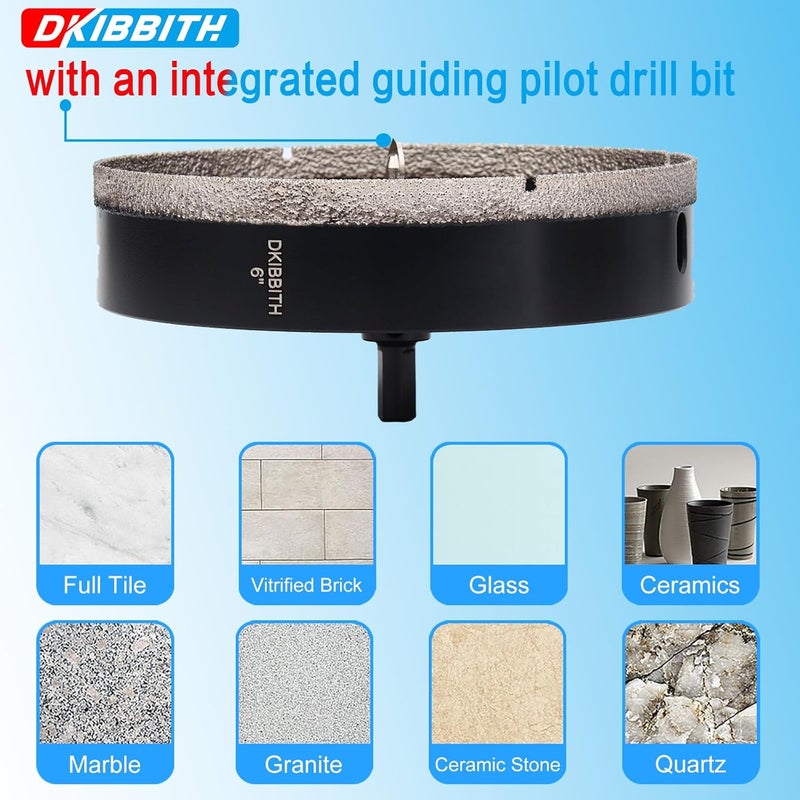 DKIBBITH 6" Diamond Hole-Saw Bits with Pilot Drill Bit 6 in Diamond Tipped Tile Hole Saws with Guiding Bit for Accurate Drilling, for Porcelain Tile Ceramic Pottery Granite Stone Glass Bottles 152mm - Image 4